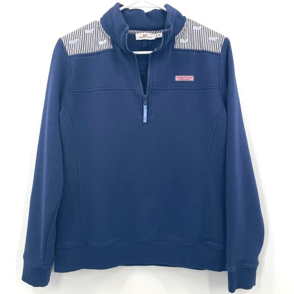 Vineyard Vines Women's 1/4 Zip "Stripe Shoulder Shep Shirt" Whales, Size M - Picture 1 of 12